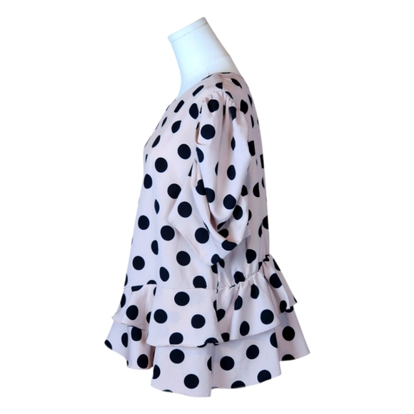 Milk & Honey Pink And Black Polka Dot Ruffle Blouse 2X Puff Sleeve Feminine - Picture 2 of 6